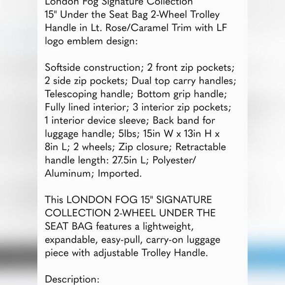 London Fog Signature Collection Under Seat Bag- Rose/Caramel - Picture 10 of 11